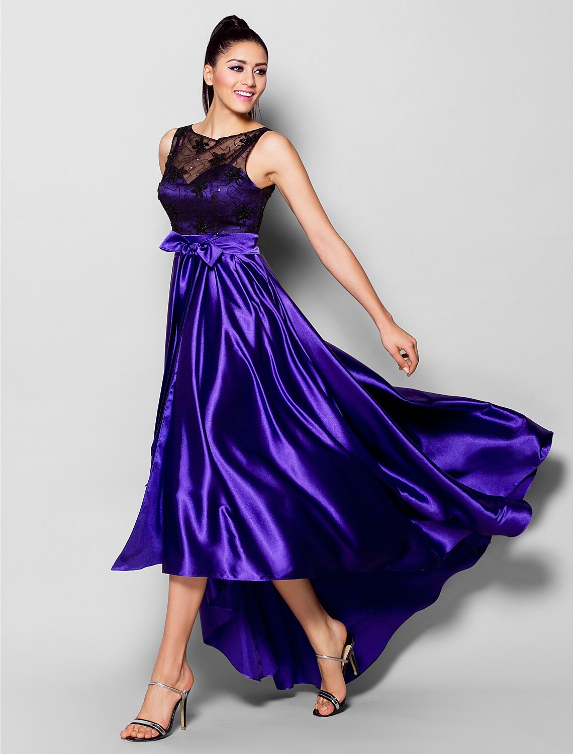 Wholesa A-Line Open Back See Through Formal Evening Dress Illusion Neck Sleeveless Asymmetrical Stretch Satin with Lace Sash / Ribbon Bow(s)