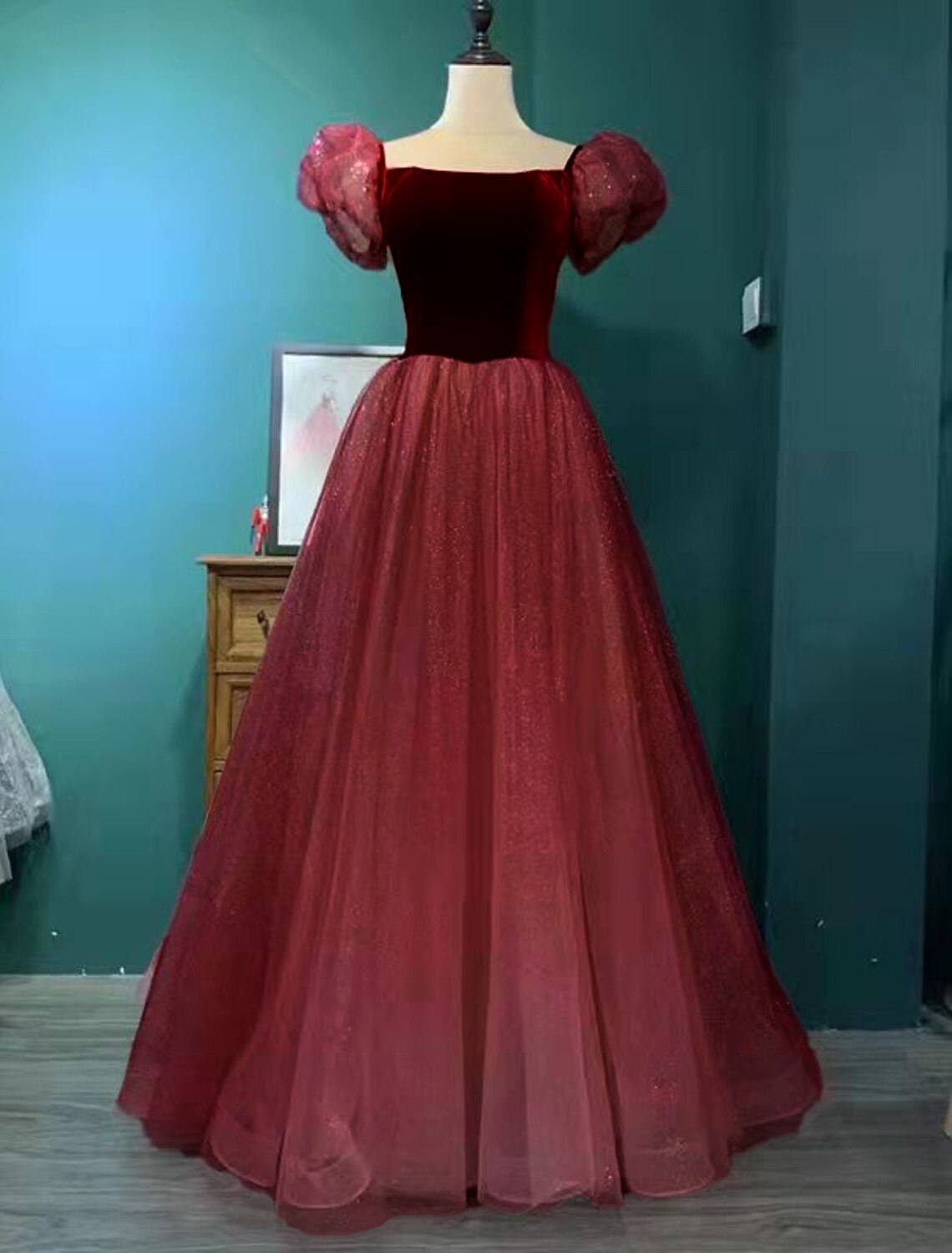 wholesale  Ball Gown Prom Dresses Cute Dress Engagement Prom Floor Length Short Sleeve Square Neck Tulle with Sequin Splicing