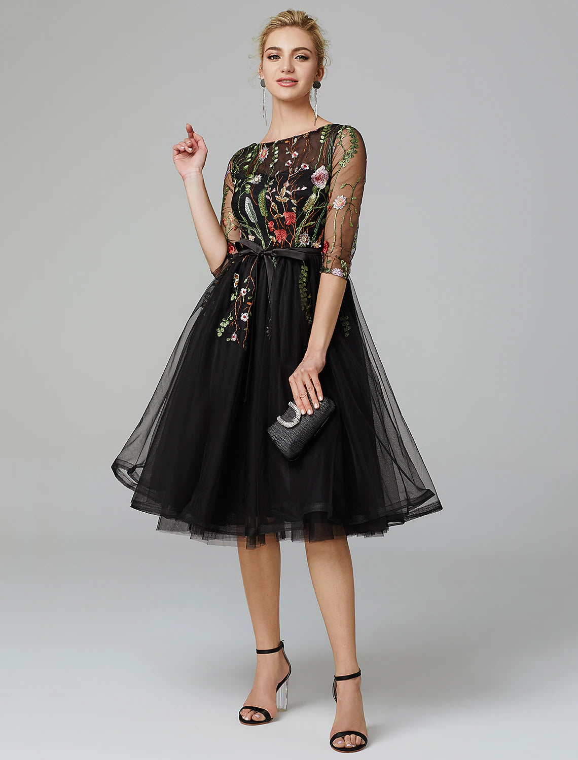 wholesale  A-Line Black Dress Vintage Wedding Guest Cocktail Party Knee Length Long Sleeve Illusion Neck Wednesday Addams Family Tulle with Embroidery Appliques