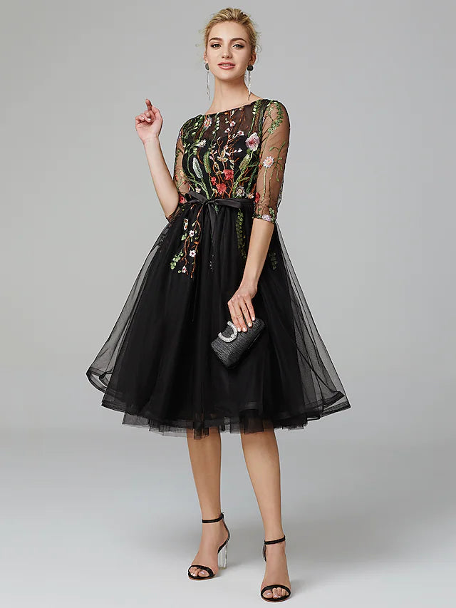 Wholesa A-Line Little Black Dress Dress Wedding Guest Knee Length Long Sleeve Illusion Neck Wednesday Addams Family Tulle with Embroidery Appliques