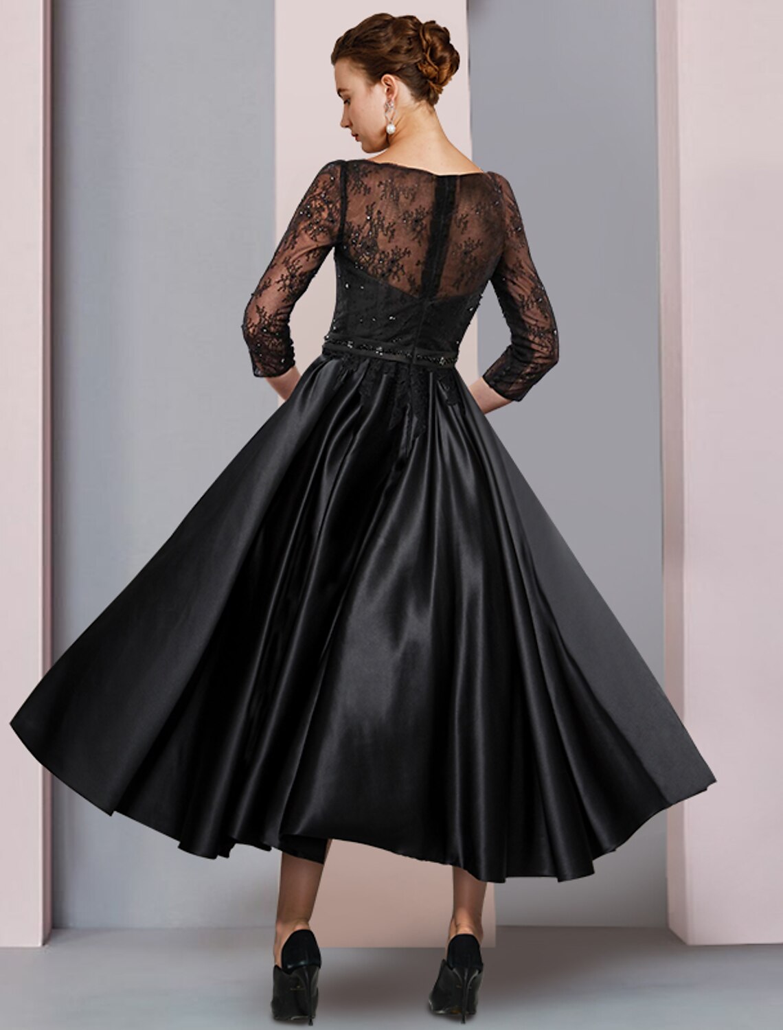 wholesale  A-Line Mother of the Bride Dress Formal Wedding Guest Party Elegant Scoop Neck Tea Length Satin Lace 3/4 Length Sleeve with Sash / Ribbon Pleats