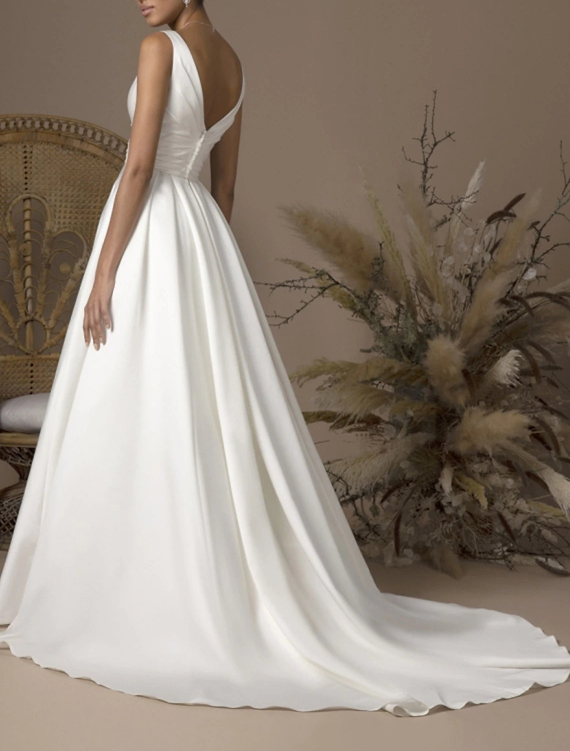 Wholesa Hall Simple Wedding Dresses A-Line V Neck Sleeveless Sweep / Brush Train Satin Bridal Gowns With Pleats