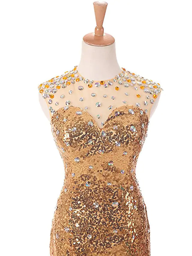 Wholesa Mermaid / Trumpet Prom Dresses Sparkle Dress Prom Court Train Sleeveless Jewel Neck Sequined with Beading