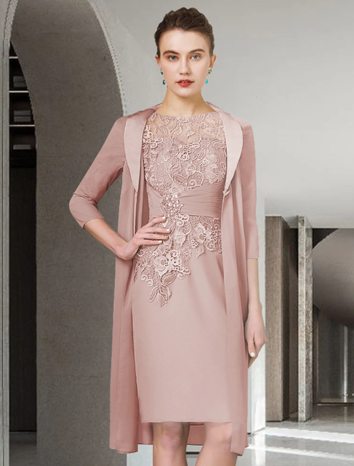 wholesale  Two Piece Sheath / Column Mother of the Bride Dress Fall Wedding Guest Church Plus Size Elegant Jewel Neck Knee Length Chiffon Lace Half Sleeve Wrap Included Jacket Dresses with Ruched Appliques
