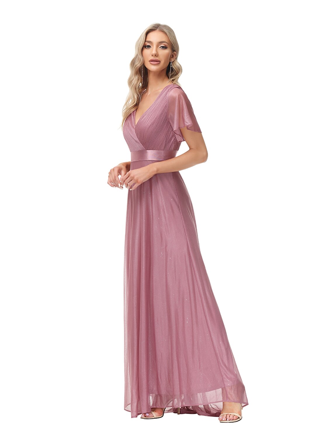 wholesale  A-Line Evening Gown Party Dress Empire Dress Wedding Guest Prom Floor Length Short Sleeve V Neck Bridesmaid Dress Tulle with Ruched Ruffles