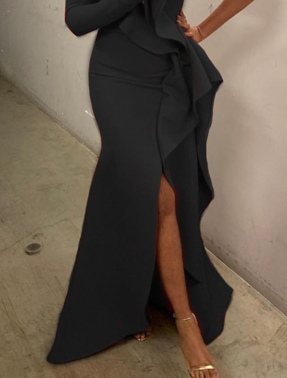 Wholesa Mermaid / Trumpet Evening Gown Elegant Dress Formal Evening Floor Length Long Sleeve One Shoulder Fall Wedding Guest Stretch Fabric with Ruffles Pure Color