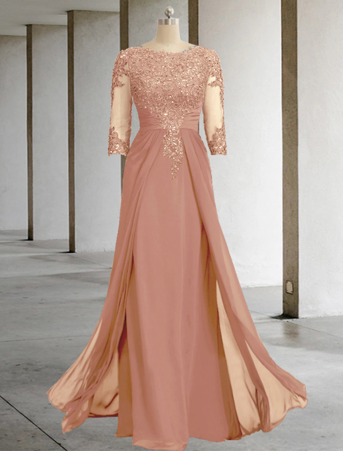 wholesale  Sheath / Column Mother of the Bride Dress Formal Fall Wedding Guest Elegant Sequin Scoop Neck Floor Length Chiffon Lace 3/4 Sleeve with Appliques Sparkle & Shine