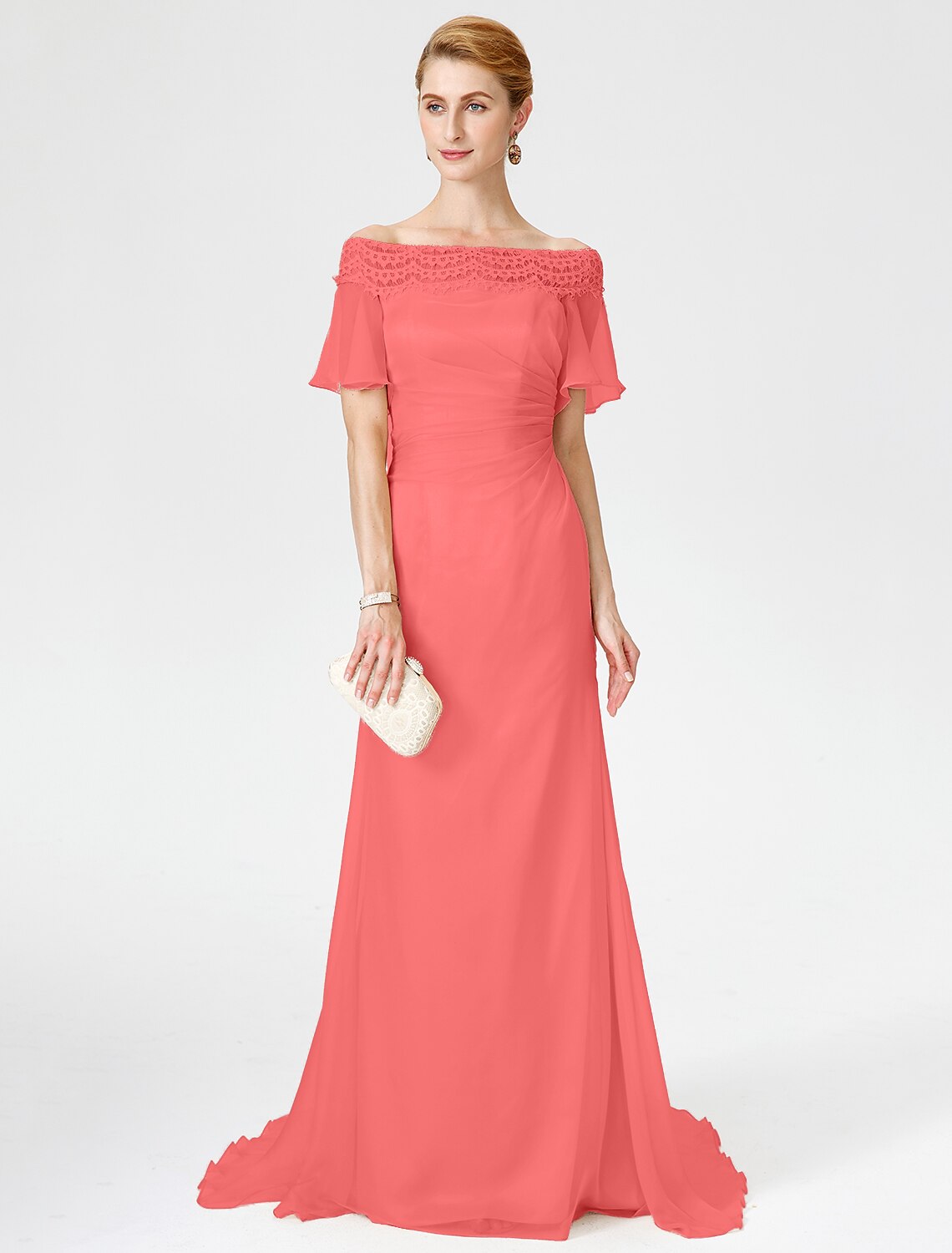 wholesale  Sheath / Column Mother of the Bride Dress Elegant Off Shoulder Sweep / Brush Train Chiffon Lace Short Sleeve with Pleats