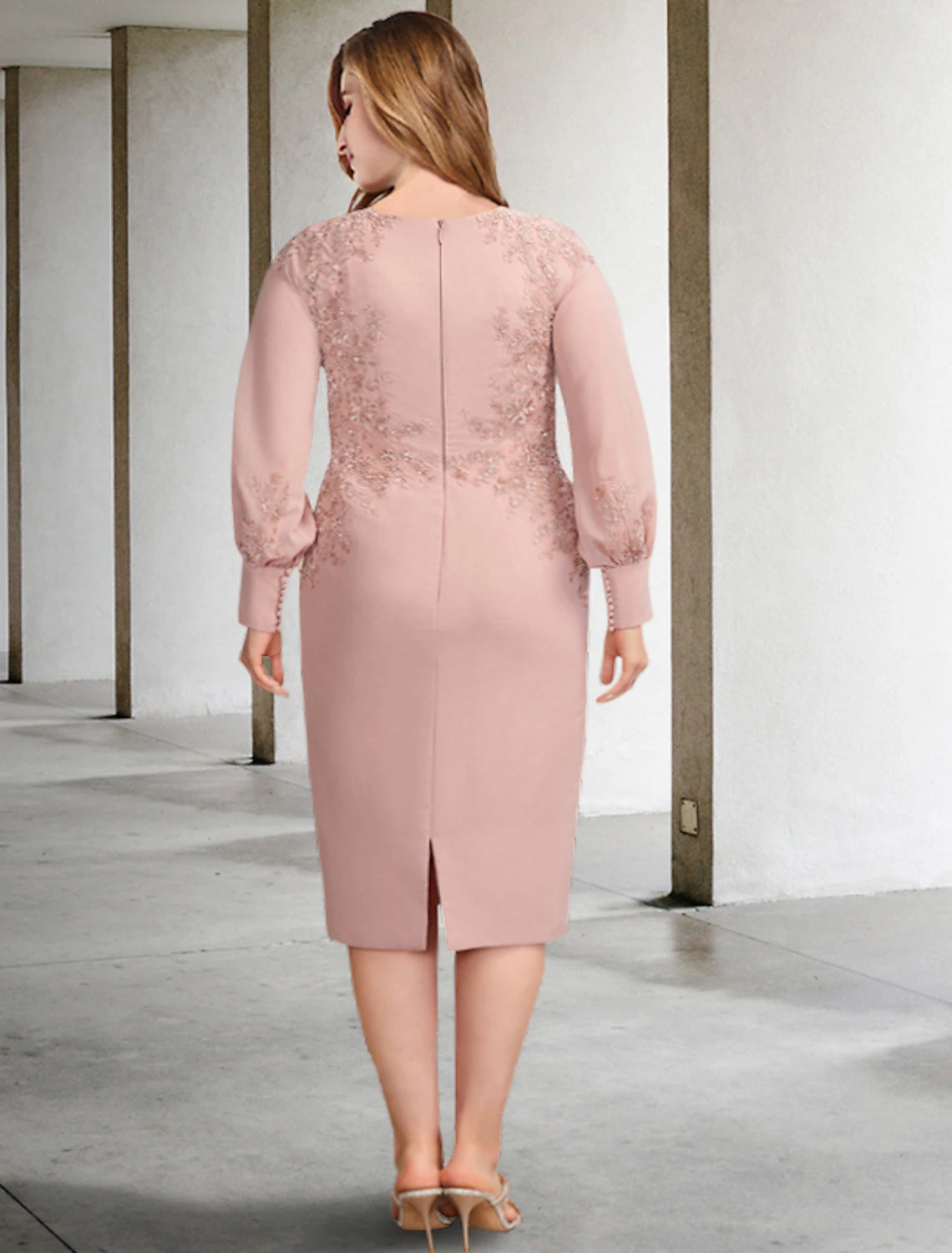 wholesale  Sheath / Column Mother of the Bride Dresses Plus Size Hide Belly Curve Elegant Dress Formal Tea Length Long Sleeve Jewel Neck Chiffon with Appliques