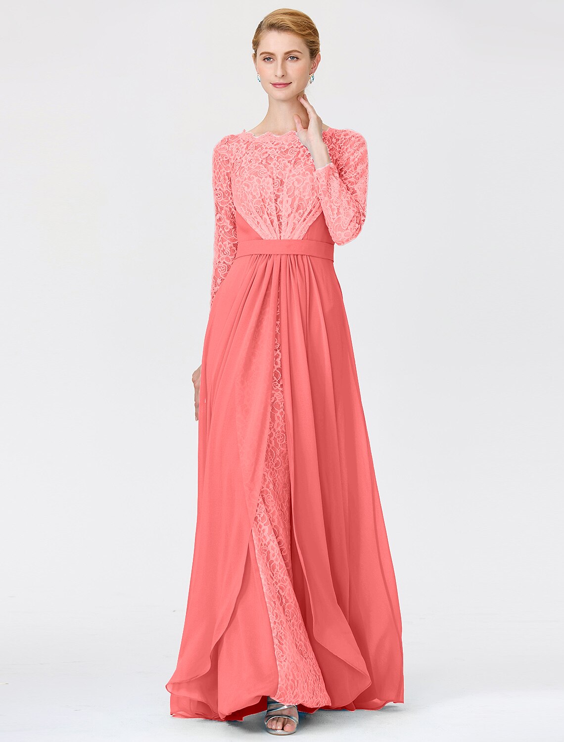 Wholesa A-Line Ball Gown Scoop Neck Floor Length Chiffon Lace Mother of the Bride Dress with Sash