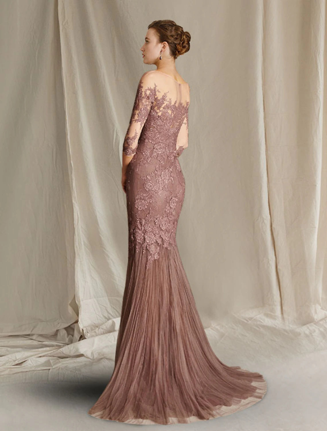 wholesale  Mermaid / Trumpet Mother of the Bride Dress Formal Wedding Guest Elegant Scoop Neck Sweep / Brush Train Lace Tulle Half Sleeve with Appliques