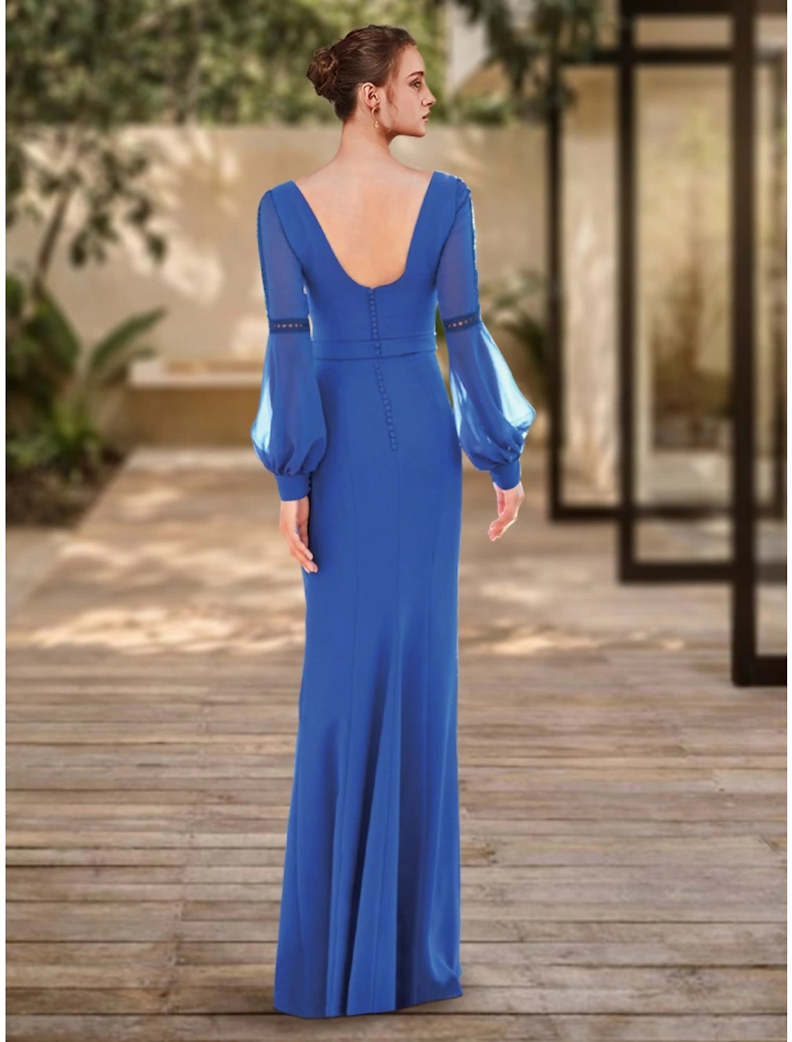 Wholesa  Sheath / Column Evening Gown Elegant Dress Formal Floor Length Long Sleeve V Neck Stretch Chiffon with Pleats