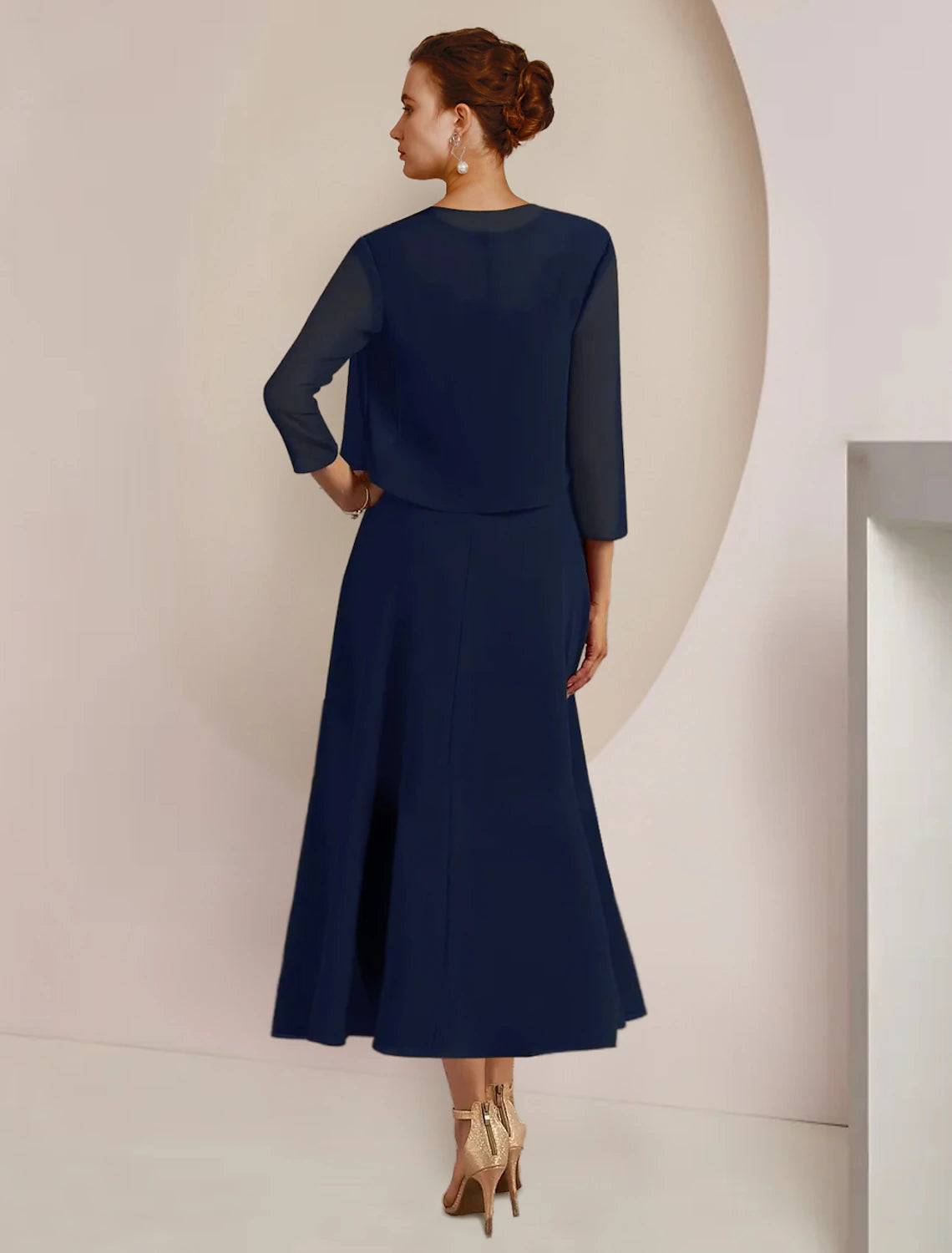 wholesale  Two Piece A-Line Mother of the Bride Dress Formal Wedding Guest Elegant Scoop Neck Tea Length Chiffon Lace 3/4 Length Sleeve Jacket Dresses with Sash / Ribbon Appliques