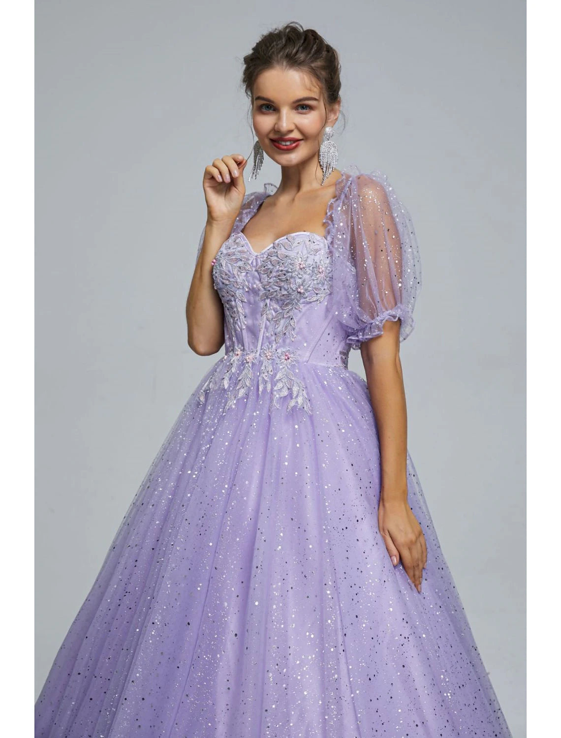 Wholesa Ball Gown Prom Dresses Princess Dress Graduation Quinceanera Floor Length Short Sleeve Sweetheart Tulle with Sequin Appliques