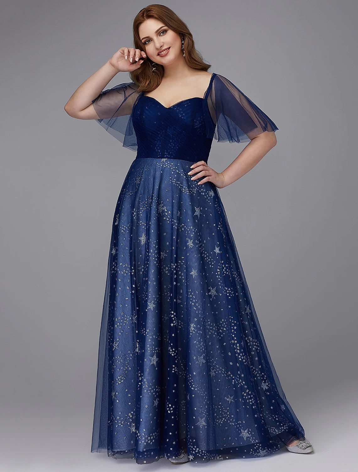 Wholesa A-Line Plus Size Dress Prom Formal Evening Floor Length Short Sleeve Sweetheart Tulle Lace-up with Beading Pattern / Print