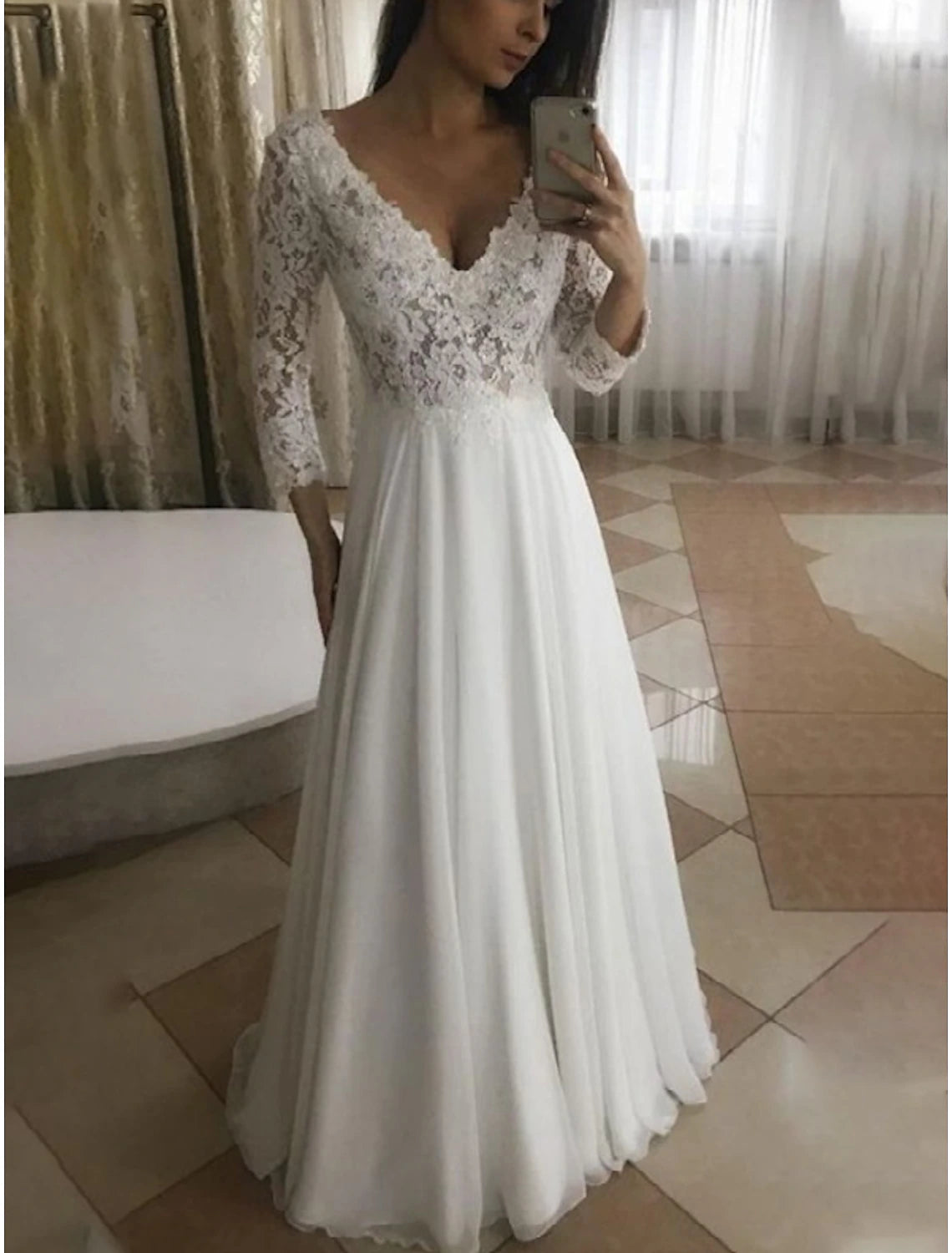Wholesa Beach Wedding Dresses A-Line V Neck 3/4 Length Sleeve Floor Length Chiffon Bridal Gowns With Pleats Appliques