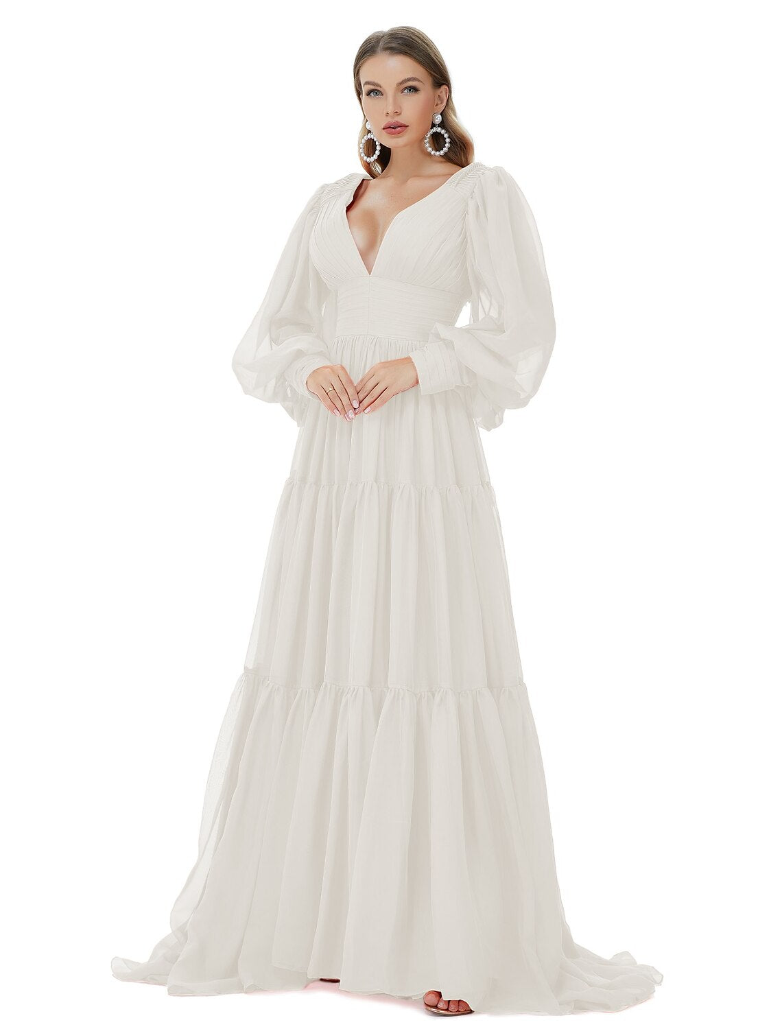 Wholesa A-Line Prom Dresses Sexy Dress Party Wear Formal Evening Sweep / Brush Train Long Sleeve V Neck Chiffon with Ruched