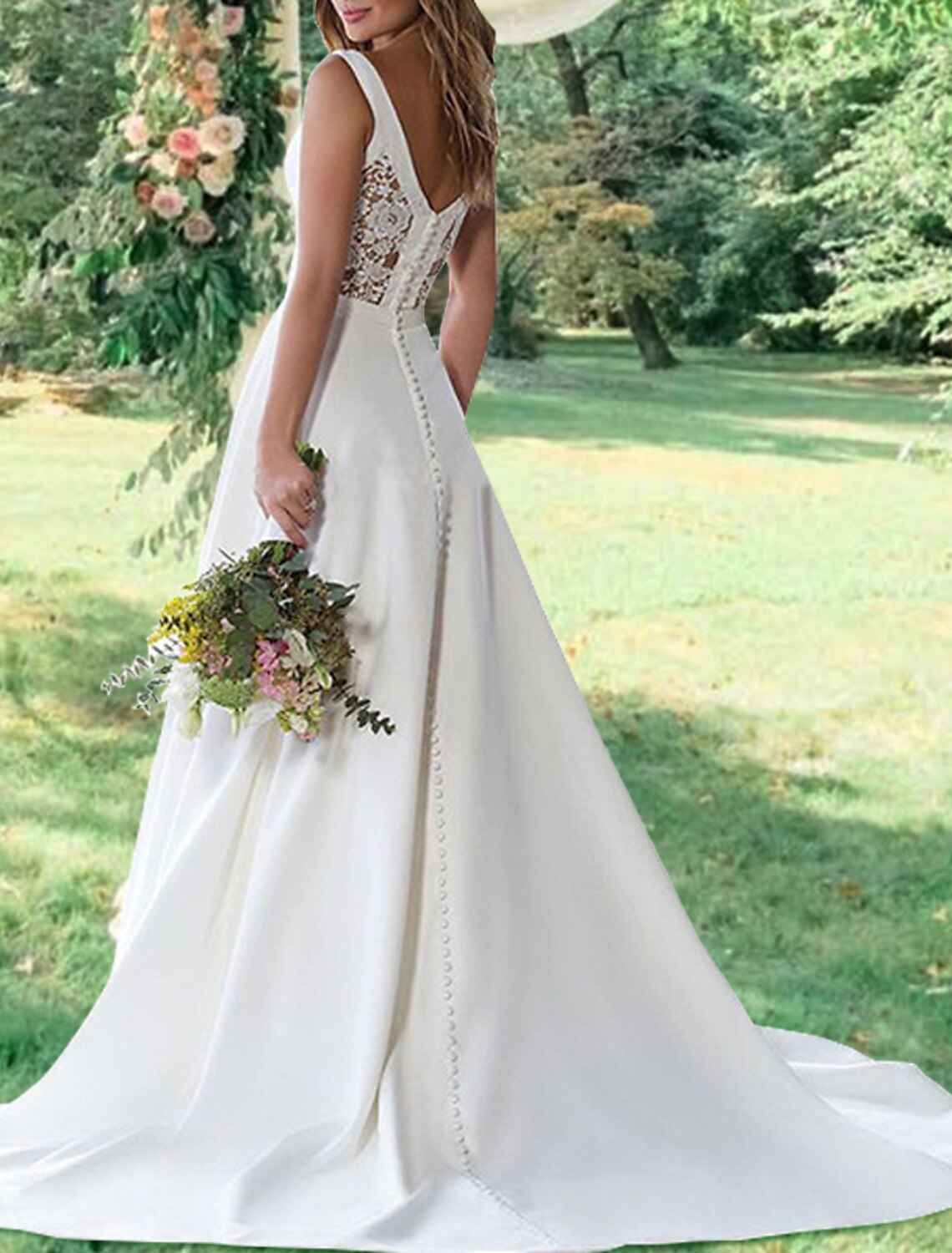 Wholesa  Hall Open Back Casual Wedding Dresses A-Line V Neck Sleeveless Sweep / Brush Train Satin Bridal Gowns With Appliques