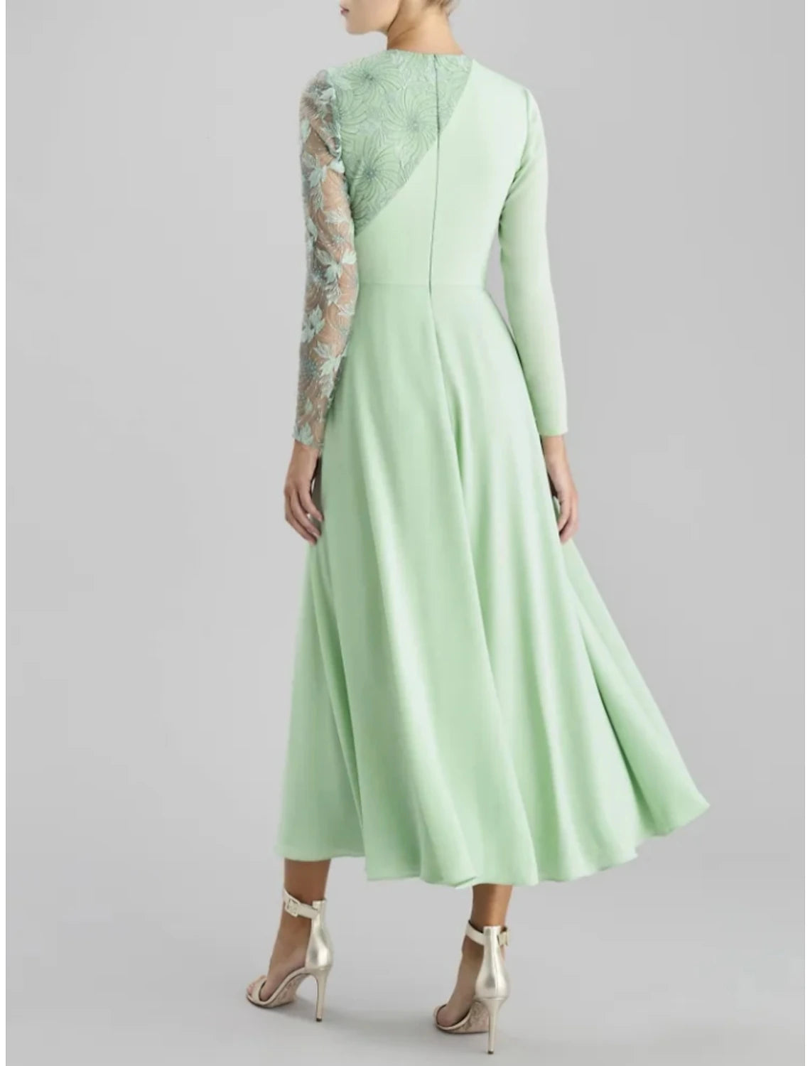 Wholesa A-Line Mother of the Bride Dress Wedding Guest Elegant Party Jewel Neck Tea Length Satin Lace Long Sleeve with Ruching Solid Color