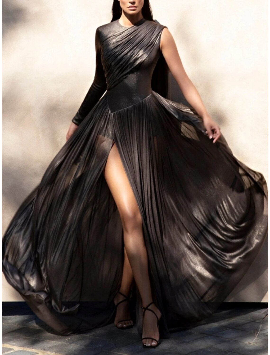 Wholesa Sheath / Column Evening Gown High Split Dress Formal Fall Sweep / Brush Train Long Sleeve Jewel Neck Tulle with Pleats Slit