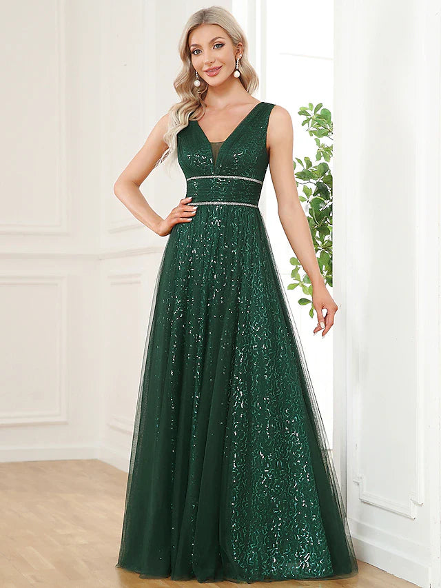 Wholesa A-Line Prom Dresses Elegant Dress Party Wear Floor Length Sleeveless V Neck Sequined V Back with Sequin