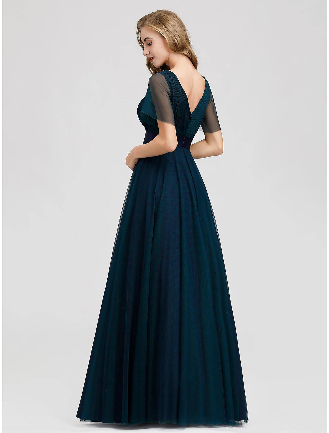 Wholesa A-Line Empire Wedding Guest Prom Dress V Neck V Back Short Sleeve Floor Length Chiffon with Pleats Ruched