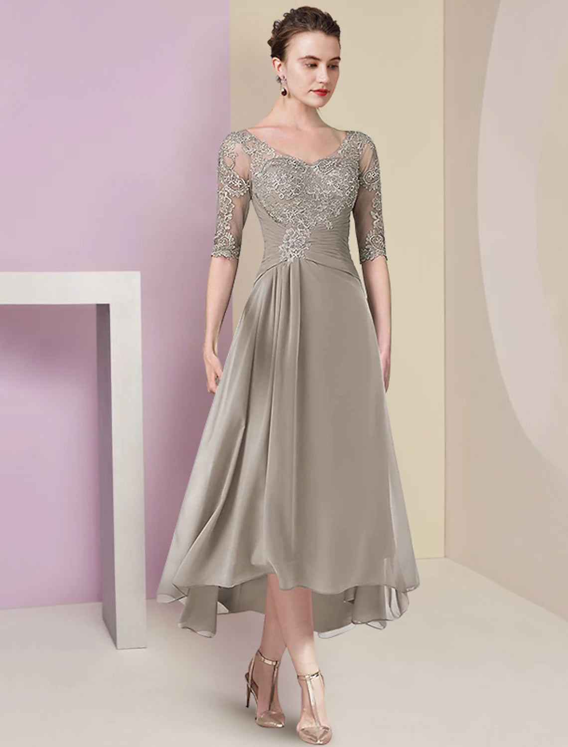 wholesale  Two Piece A-Line Mother of the Bride Dress Formal Wedding Guest Elegant High Low V Neck Asymmetrical Tea Length Chiffon Lace Half Sleeve Wrap Included with Ruched Appliques