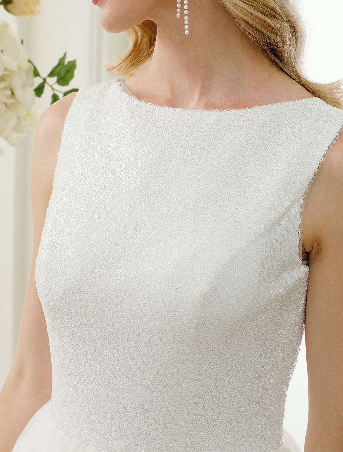 wholesale  Reception Sparkle & Shine Little White Dresses Wedding Dresses A-Line Scoop Neck Sleeveless Tea Length Tulle Bridal Gowns With Lace Sequin