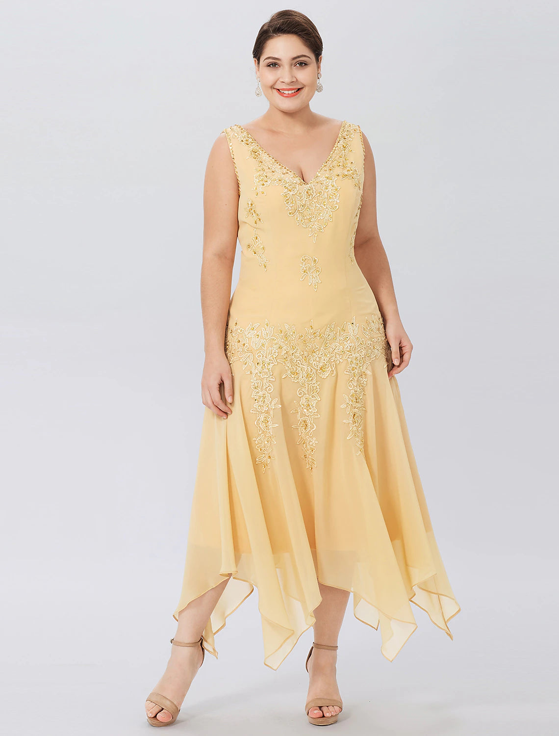 wholesale  A-Line Mother of the Bride Dress Formal Plus Size Elegant High Low V Neck Asymmetrical Chiffon Beaded Lace Long Sleeve Wrap Included with Beading Appliques