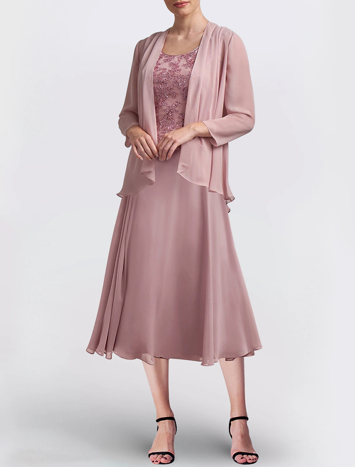Wholesa Two Piece A-Line Mother of the Bride Dress Formal Wedding Guest Elegant Scoop Neck Tea Length Chiffon Long Sleeve with Lace Beading Sequin