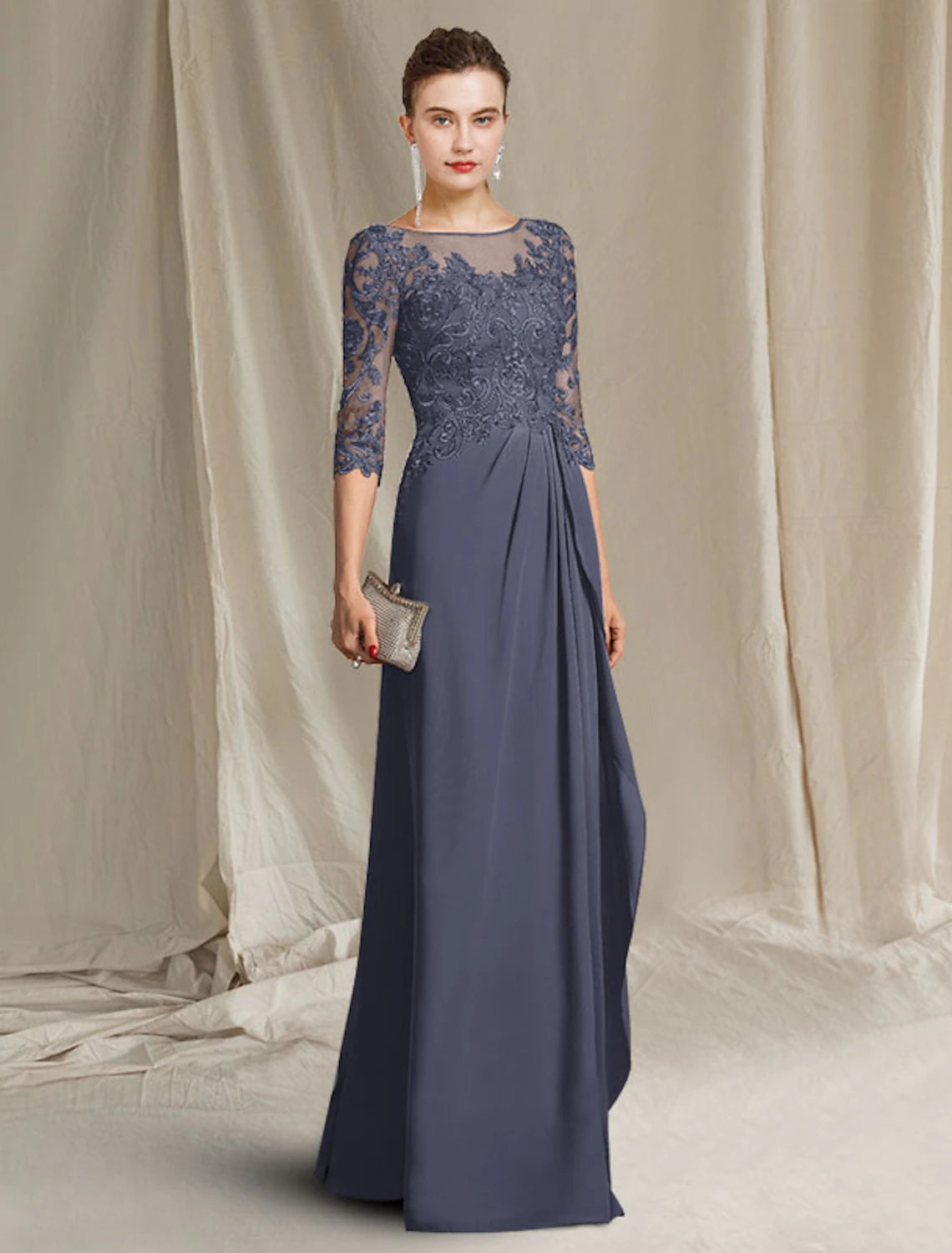 wholesale Sheath / Column Mother of the Bride Dress Plus Size Elegant Jewel Neck Floor Length Chiffon Lace 3/4 Length Sleeve with Pleats Ruffles Appliques