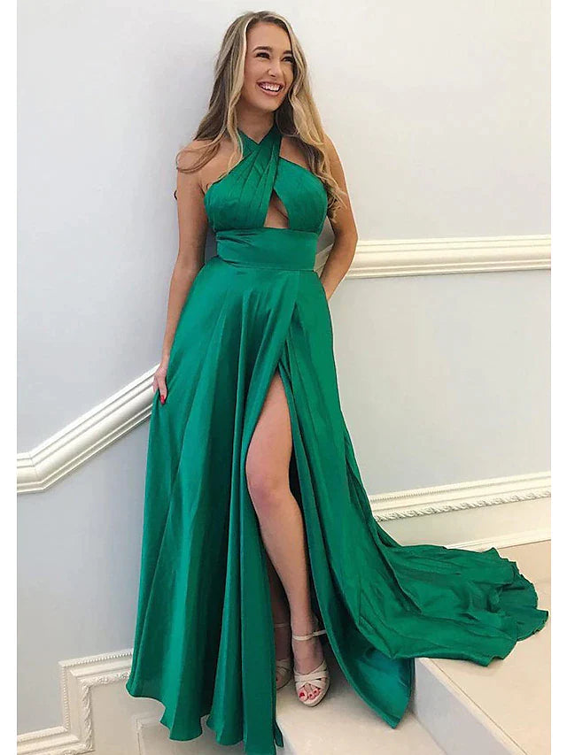 Wholesa A-Line Prom Dresses Sexy Dress Formal Court Train Sleeveless High Neck Imitation Silk Backless with Pleats