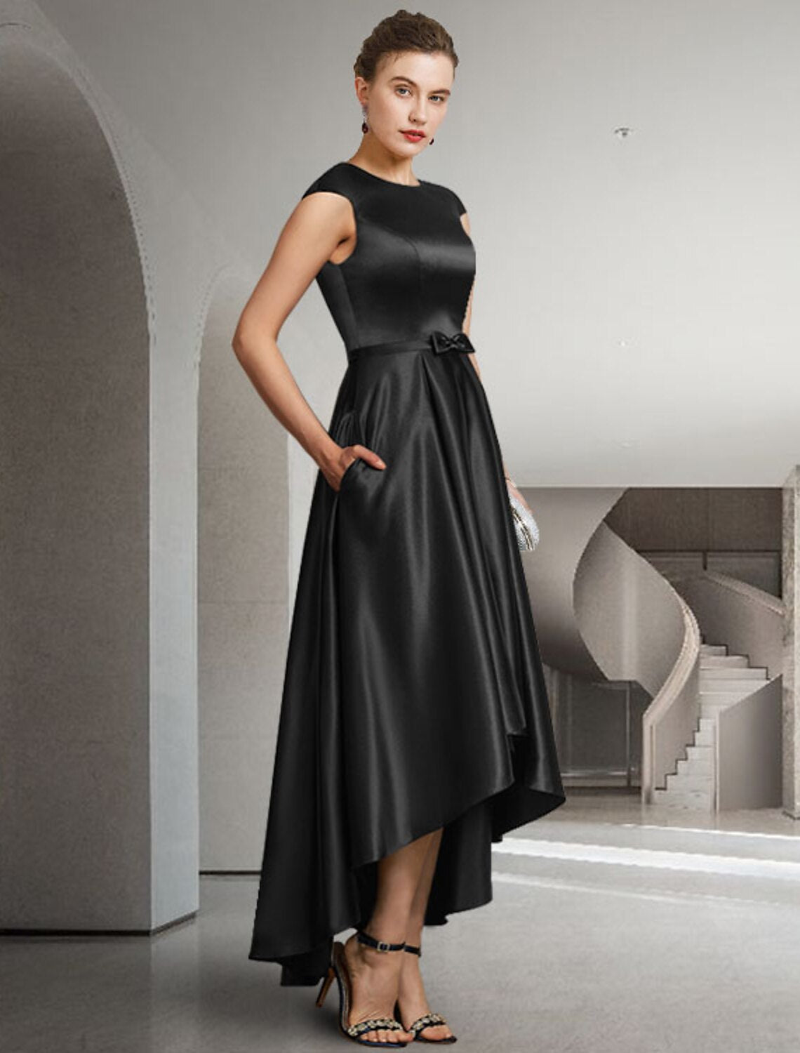 wholesale   A-Line Mother of the Bride Dress Elegant High Low Jewel Neck Asymmetrical Satin Sleeveless with Bow(s) Pleats