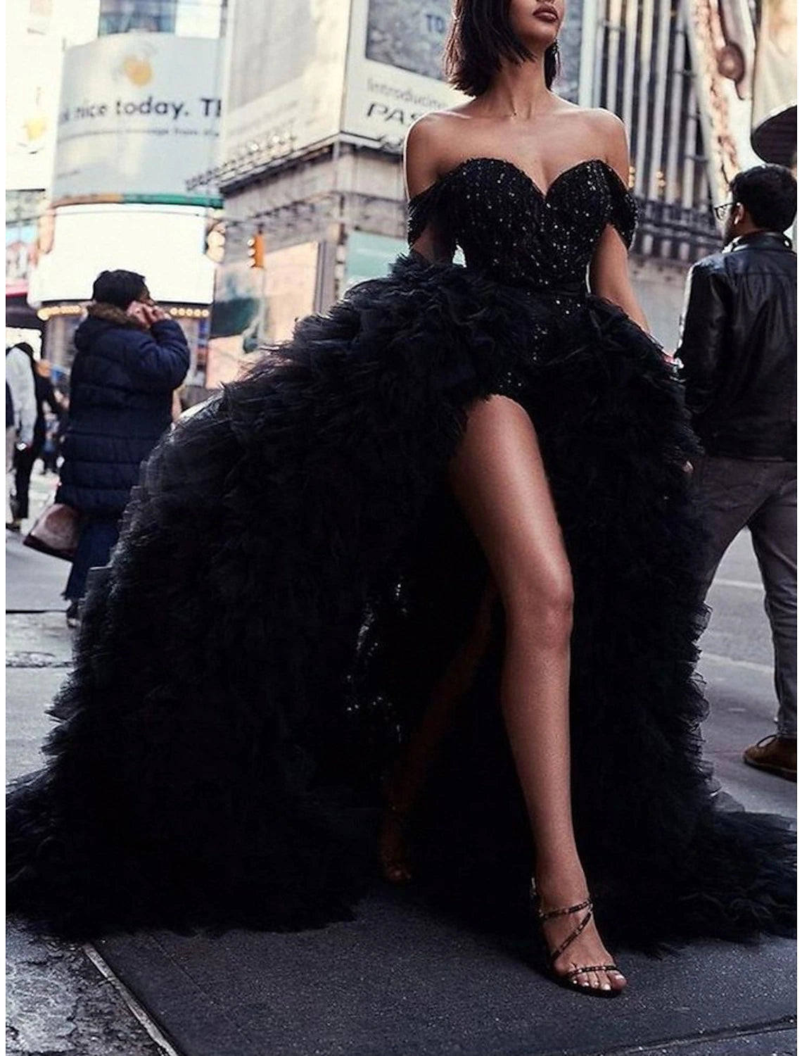 wholesale  Jumpsuits Evening Gown Sparkle Black Dress Masquerade Quinceanera Court Train Short Sleeve Off Shoulder Detachable Sequined with Overskirt Pure Color