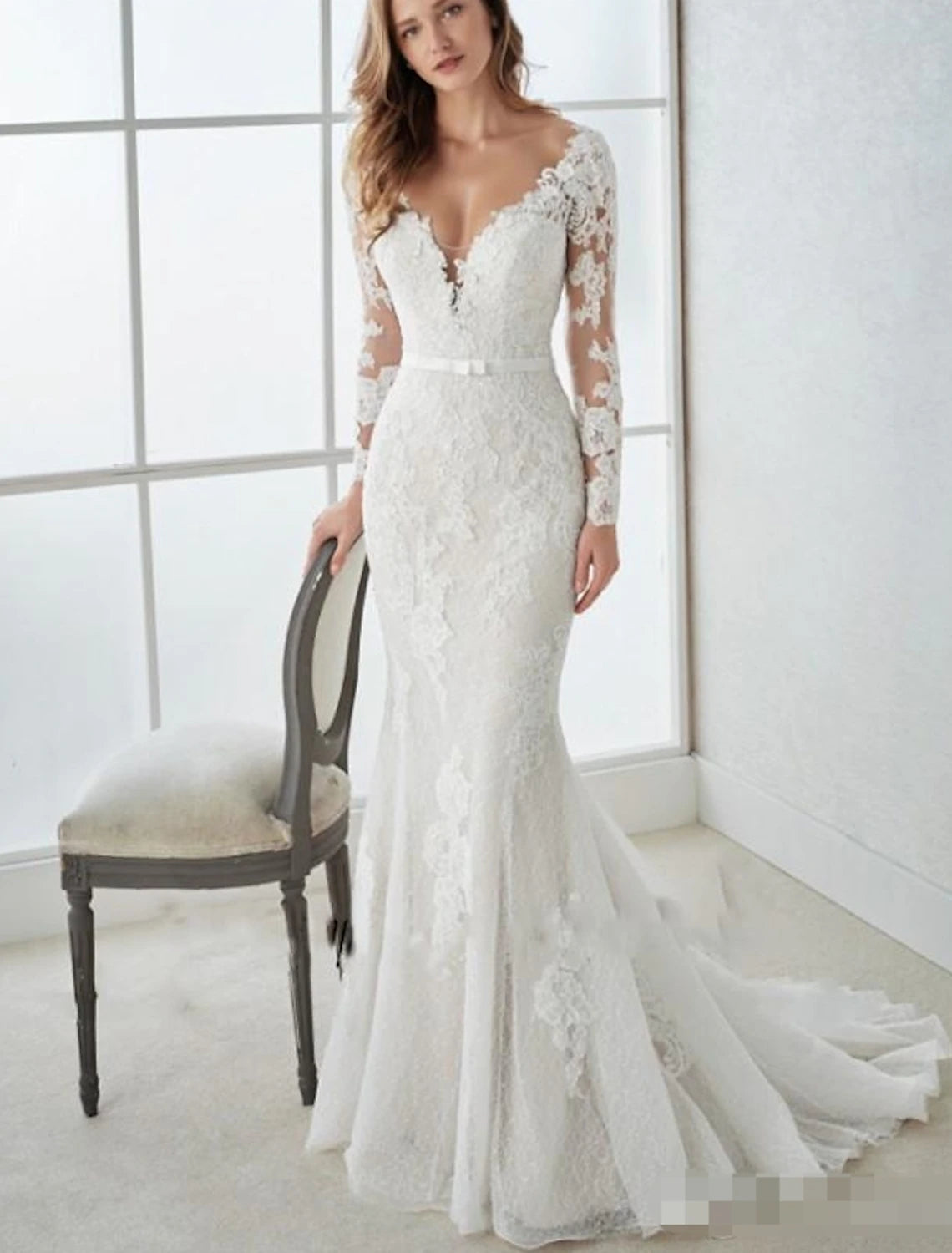 wholesale  Engagement Formal Fall Wedding Dresses Mermaid / Trumpet V Neck Long Sleeve Sweep / Brush Train Lace Open Back Bridal Gowns With Summer Wedding Party