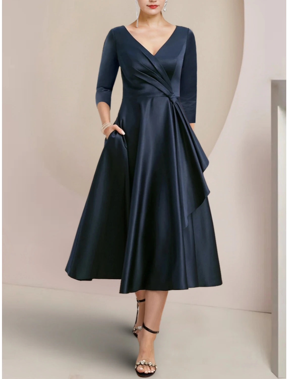 Wholesa A-Line Mother of the Bride Dress Wedding Guest Elegant Petite V Neck Tea Length Satin 3/4 Length Sleeve with Ruching Solid Color