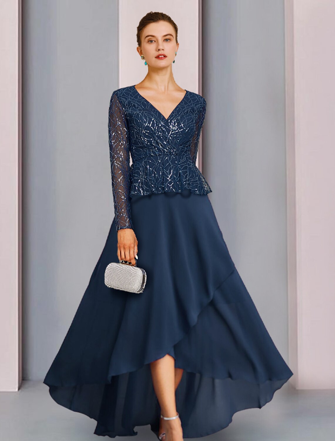 wholesale  Sheath / Column Mother of the Bride Dress Wedding Guest Elegant Sparkle & Shine V Neck Asymmetrical Chiffon Lace Sequined Long Sleeve with Pleats
