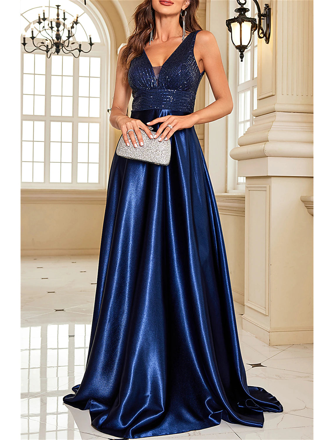 Wholesa A-Line Mother of the Bride Dress Wedding Guest Elegant Party Sparkle & Shine V Neck Floor Length Satin Sequined Sleeveless with Sequin Color Block