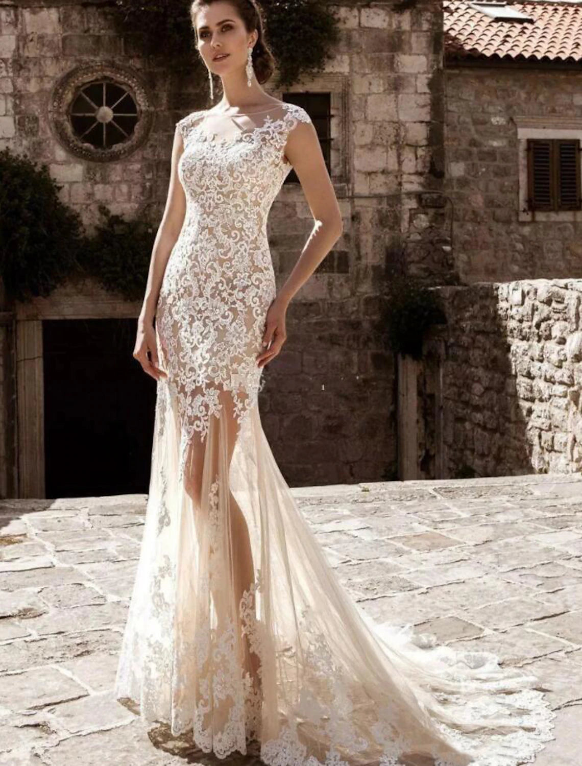 wholesale  Engagement Formal Wedding Dresses Mermaid / Trumpet Illusion Neck Cap Sleeve Court Train Lace Bridal Gowns With Appliques