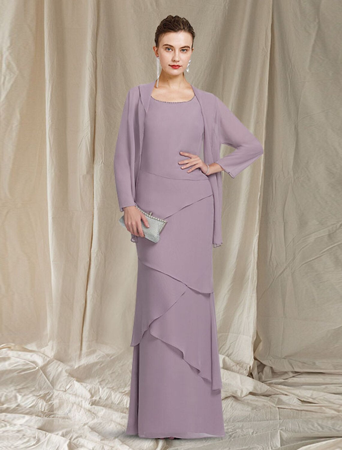 wholesale  Two Piece Sheath / Column Mother of the Bride Dress Elegant Scoop Neck Floor Length Chiffon Sleeveless Wrap Included with Beading Cascading Ruffles