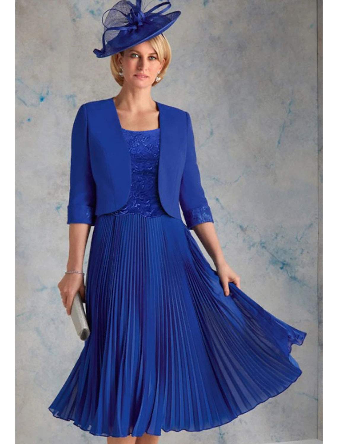 wholesale  Two Piece Mother of the Bride Dress Wedding Guest Church Elegant & Luxurious Scoop Neck Tea Length Chiffon 3/4 Length Sleeve Short Jacket Dresses with Lace Ruching Fall