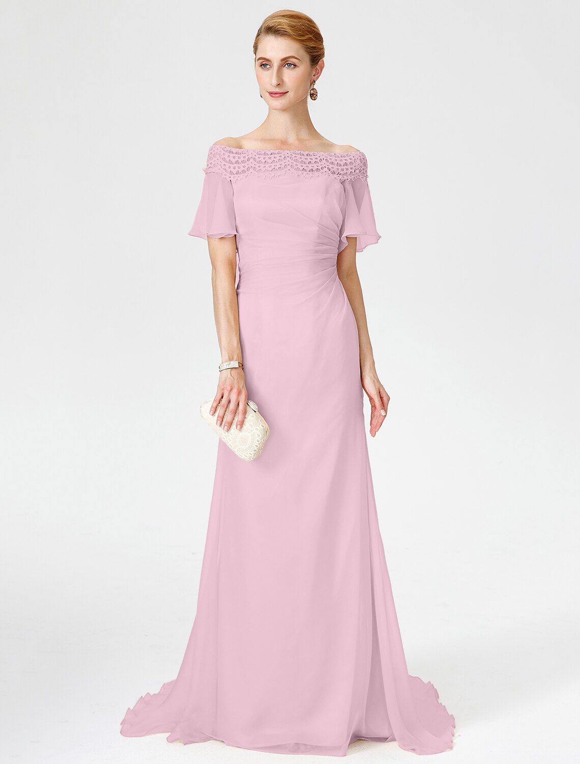 wholesale  Sheath / Column Mother of the Bride Dress Elegant Off Shoulder Sweep / Brush Train Chiffon Lace Short Sleeve with Pleats