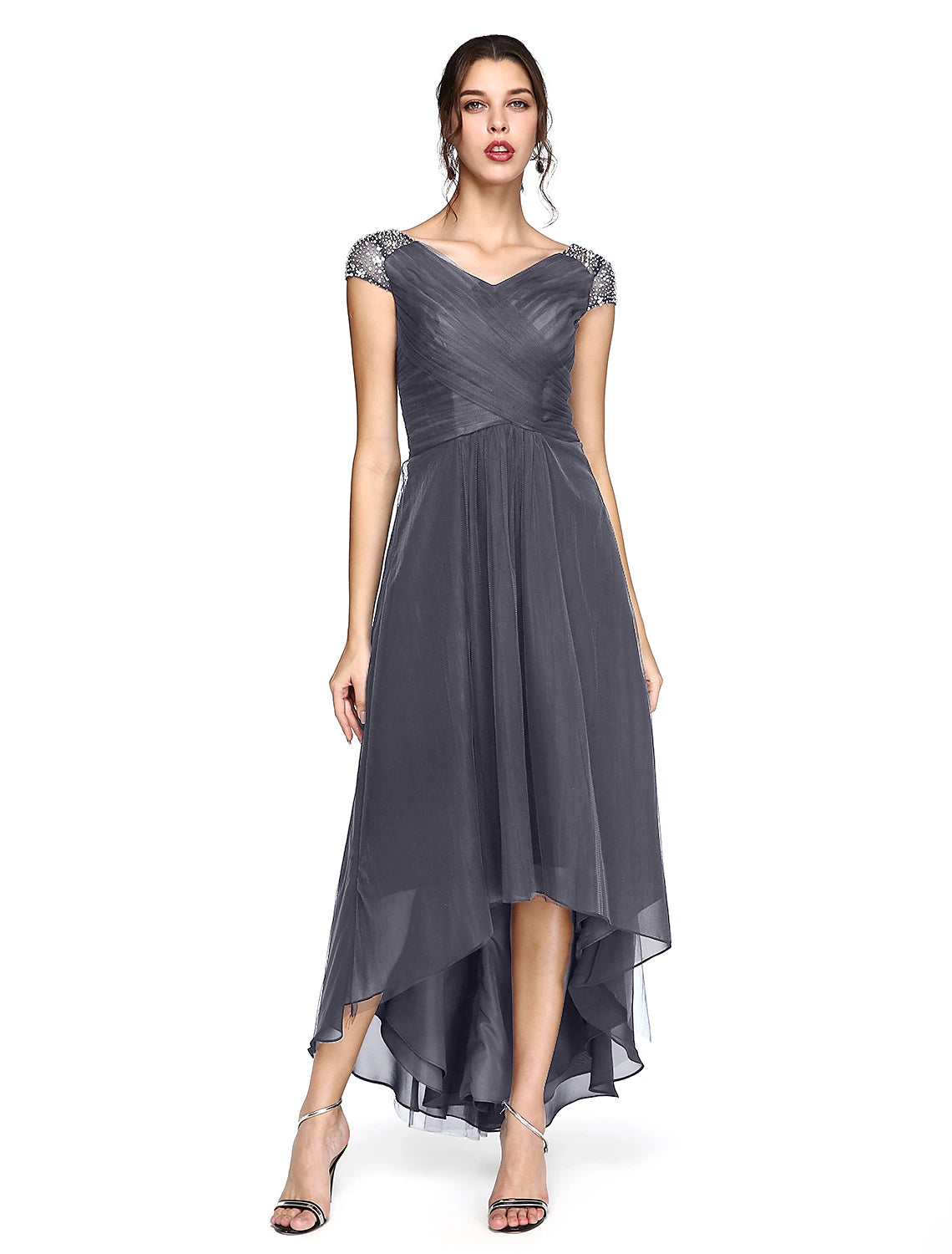 Wholesa Sheath / Column Minimalist Dress Wedding Guest Prom Asymmetrical Short Sleeve V Neck Bridesmaid Dress Tulle V Back with Criss Cross Pleats Beading