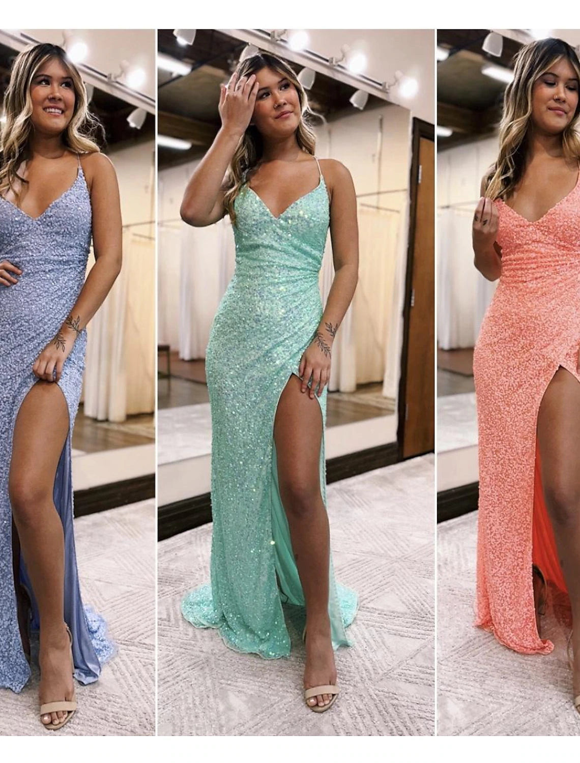 Wholesa Mermaid / Trumpet Prom Dresses Sparkle & Shine Dress Formal Wedding Party Sweep / Brush Train Sleeveless V Neck Sequined Backless with Sequin Slit