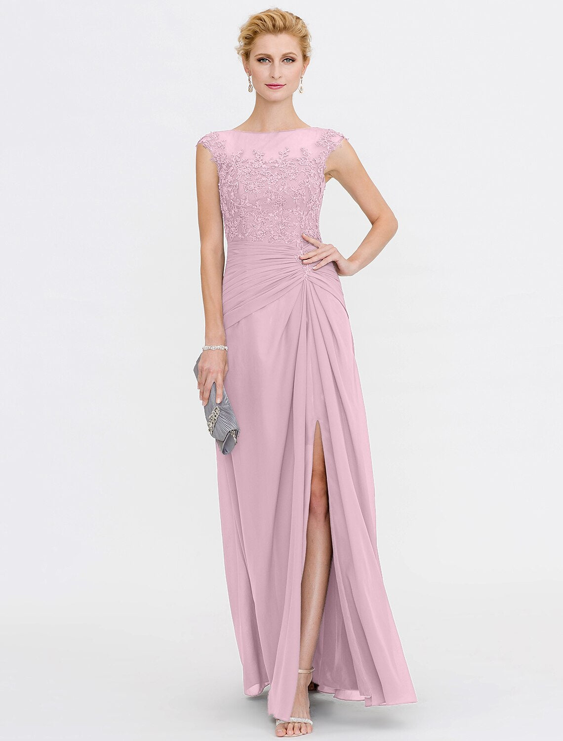 wholesale  A-Line Mother of the Bride Dress Wedding Guest Elegant See Through Bateau Neck Floor Length Chiffon Lace Sleeveless with Side Draping Fall
