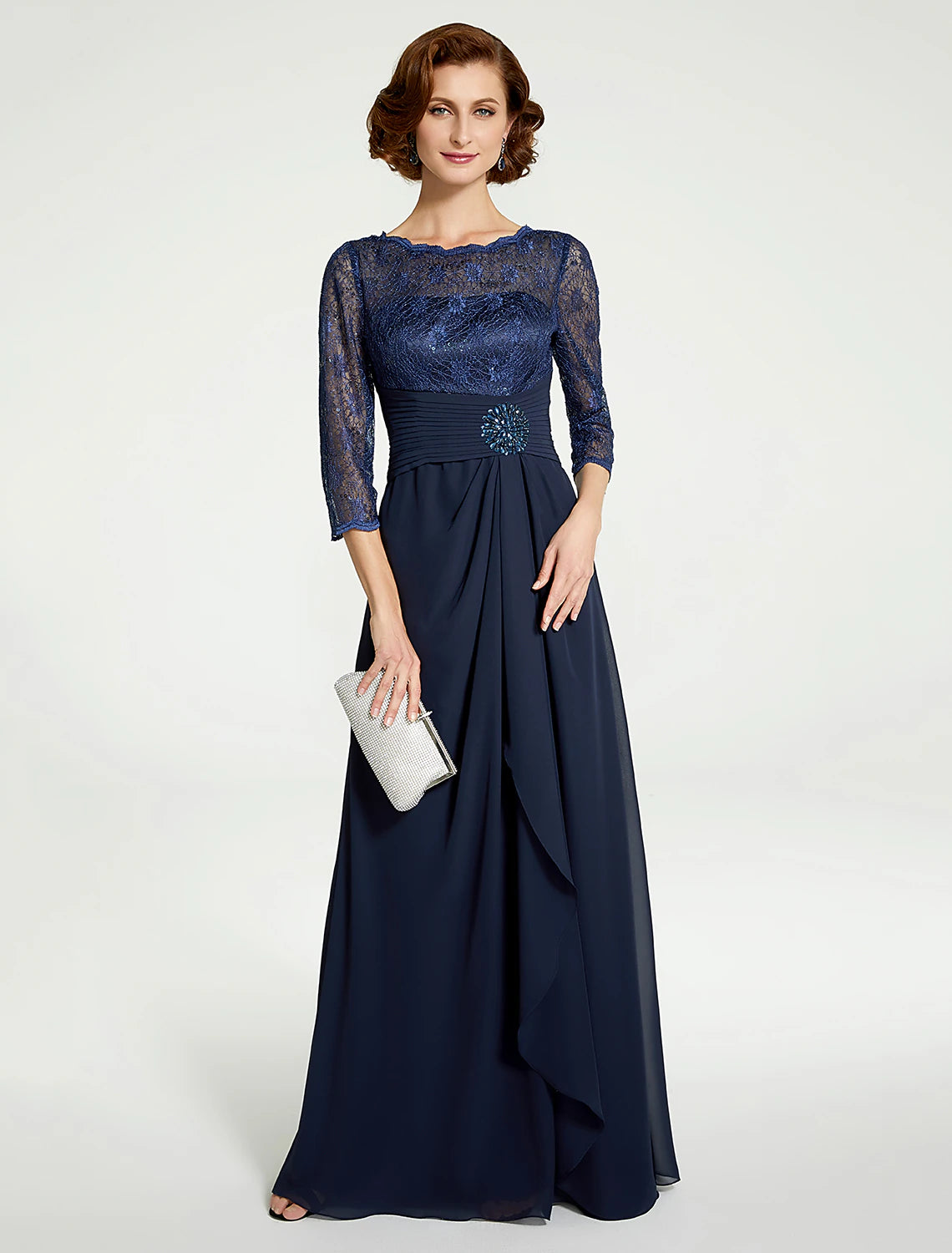 wholesale   A-Line Mother of the Bride Dress Jewel Neck Floor Length Chiffon Lace 3/4 Length Sleeve with Lace Ruching