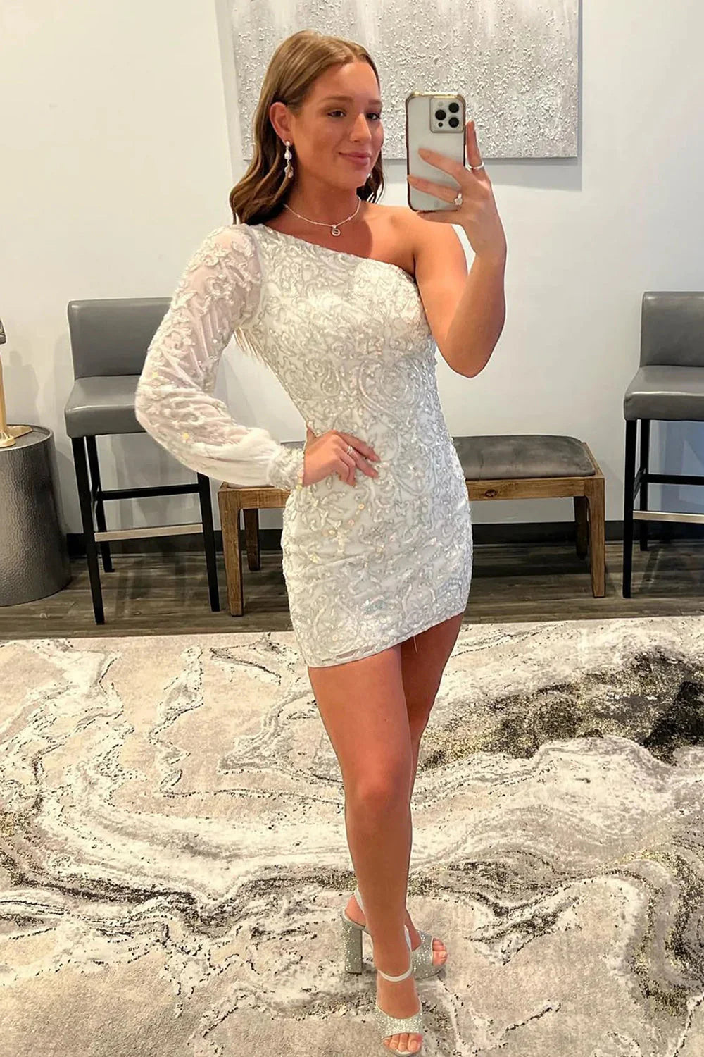 Wholesa A-line One Shoulder Long Sleeve Sequins Embroidered Homecoming Dress