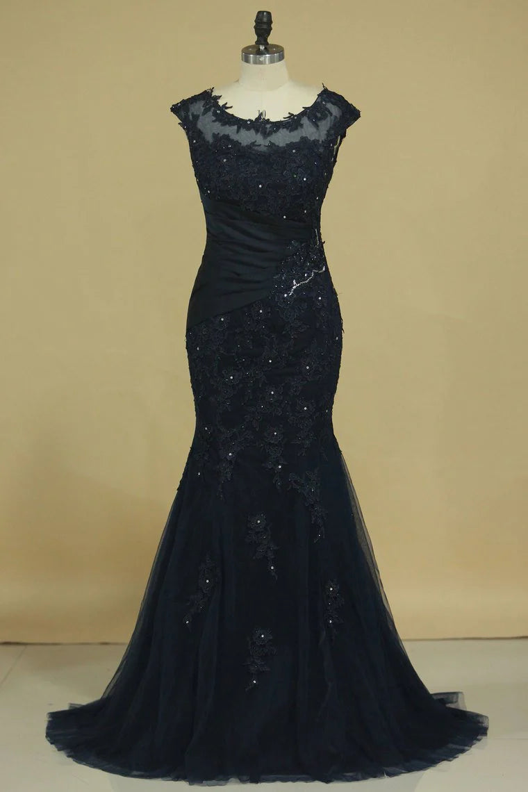 Wholesa Mermaid Scoop Tulle With Applique Beads Mother Of The Bride Dresses