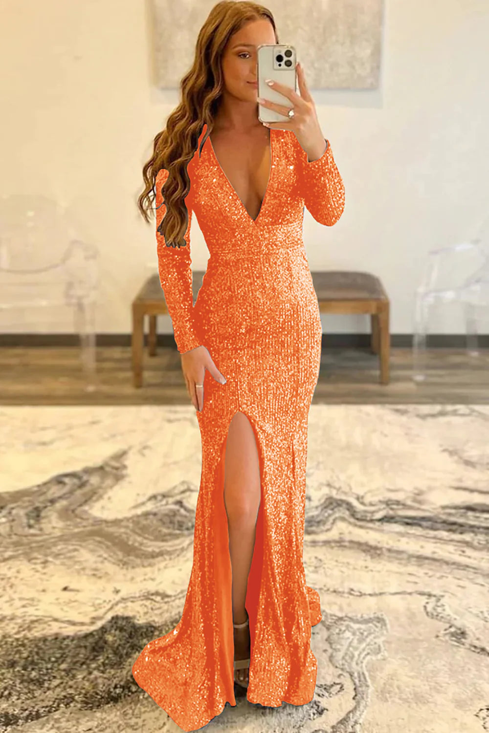 Wholesa Sheath Deep V Neck Sequins Long Prom Dress with Split Front