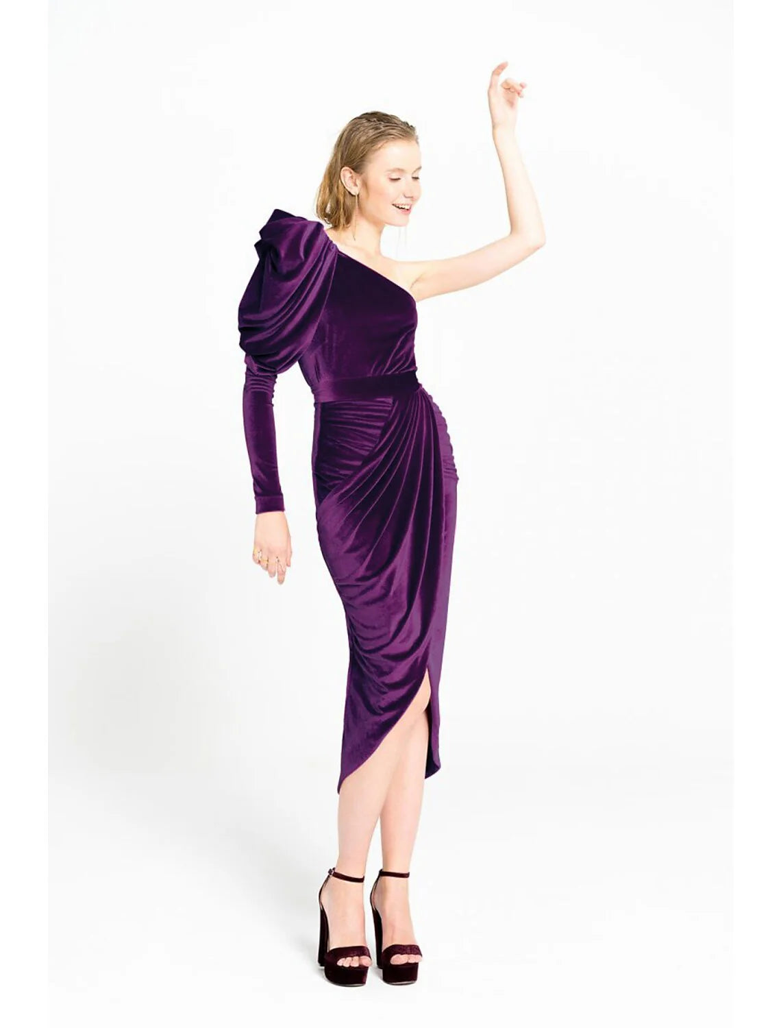 Wholesa Sheath / Column Minimalist Elegant Wedding Guest Prom Dress One Shoulder Long Sleeve Tea Length Velvet with Ruched Draping Slit